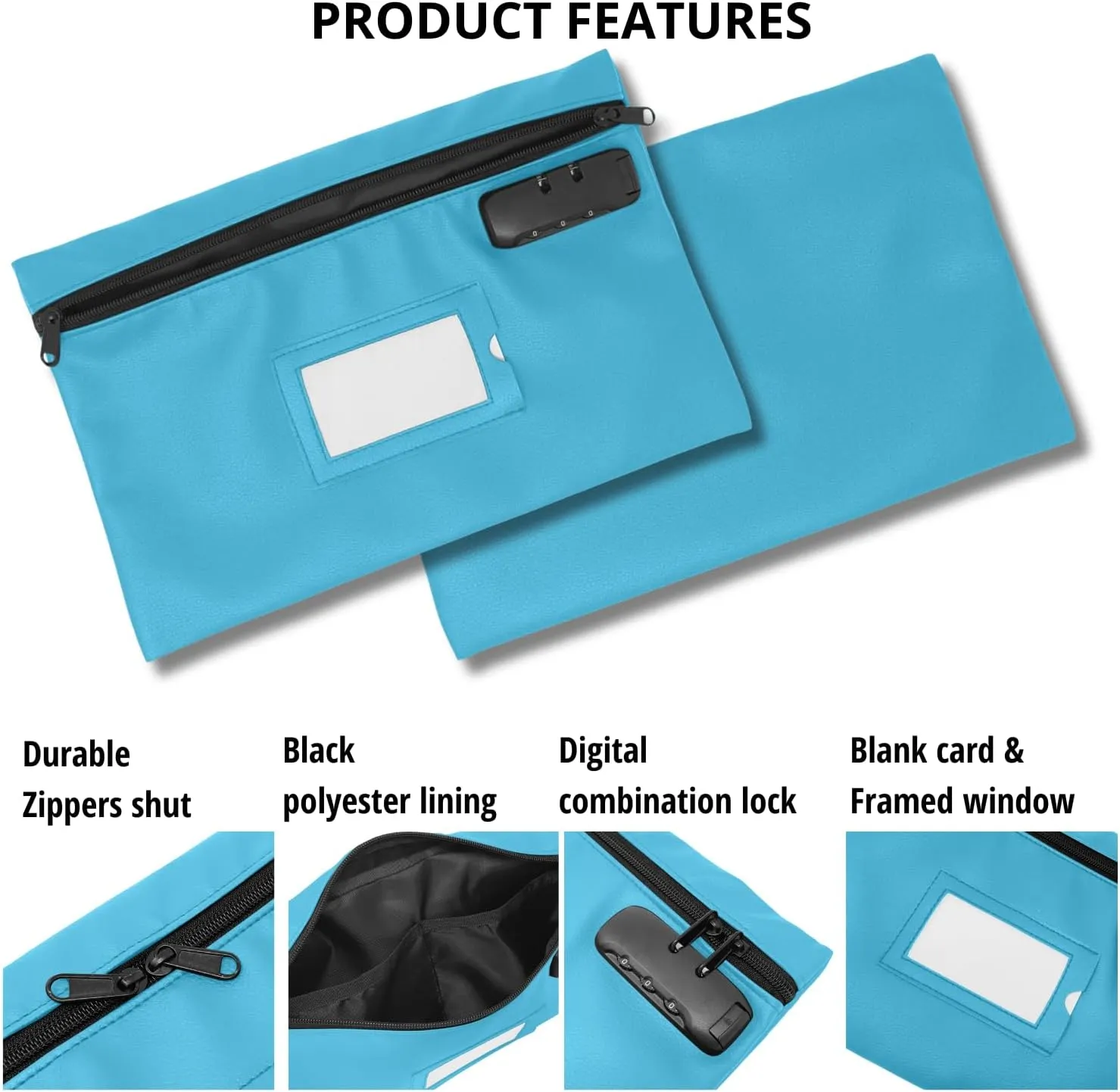 Money Bag for Cash with Lock | 12x8 inch | Durable Leatherette Money Cash Coin Check Bank Wallet Pouch with Zipper for Men & Women with Framed ID Window and Blank Card | by GIDABRAND (Light blue)