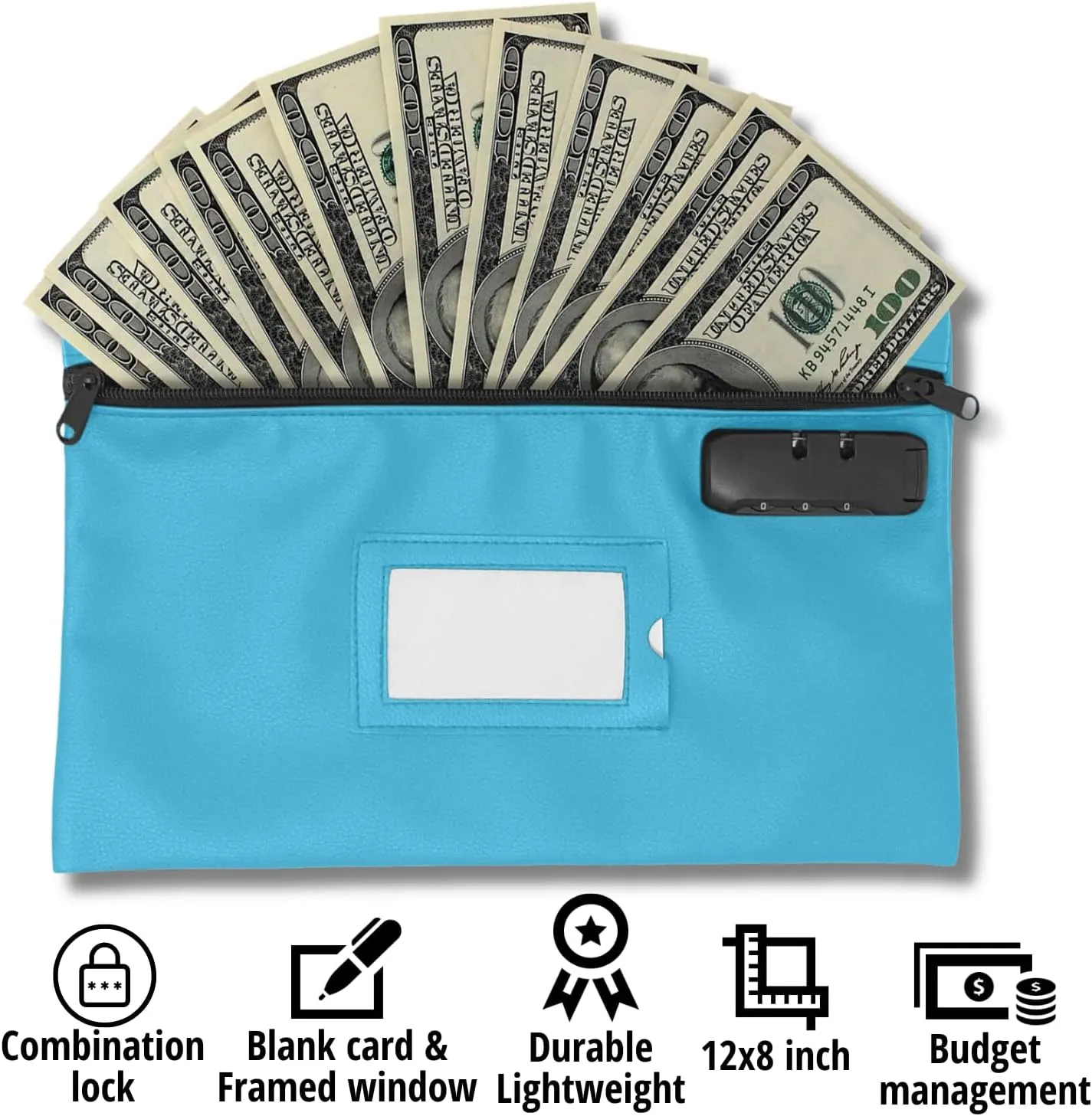 Money Bag for Cash with Lock | 12x8 inch | Durable Leatherette Money Cash Coin Check Bank Wallet Pouch with Zipper for Men & Women with Framed ID Window and Blank Card | by GIDABRAND (Light blue)