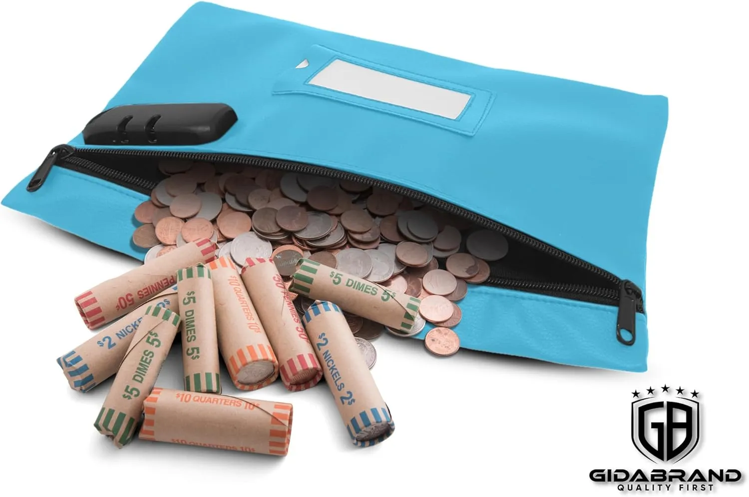 Money Bag for Cash with Lock | 12x8 inch | Durable Leatherette Money Cash Coin Check Bank Wallet Pouch with Zipper for Men & Women with Framed ID Window and Blank Card | by GIDABRAND (Light blue)