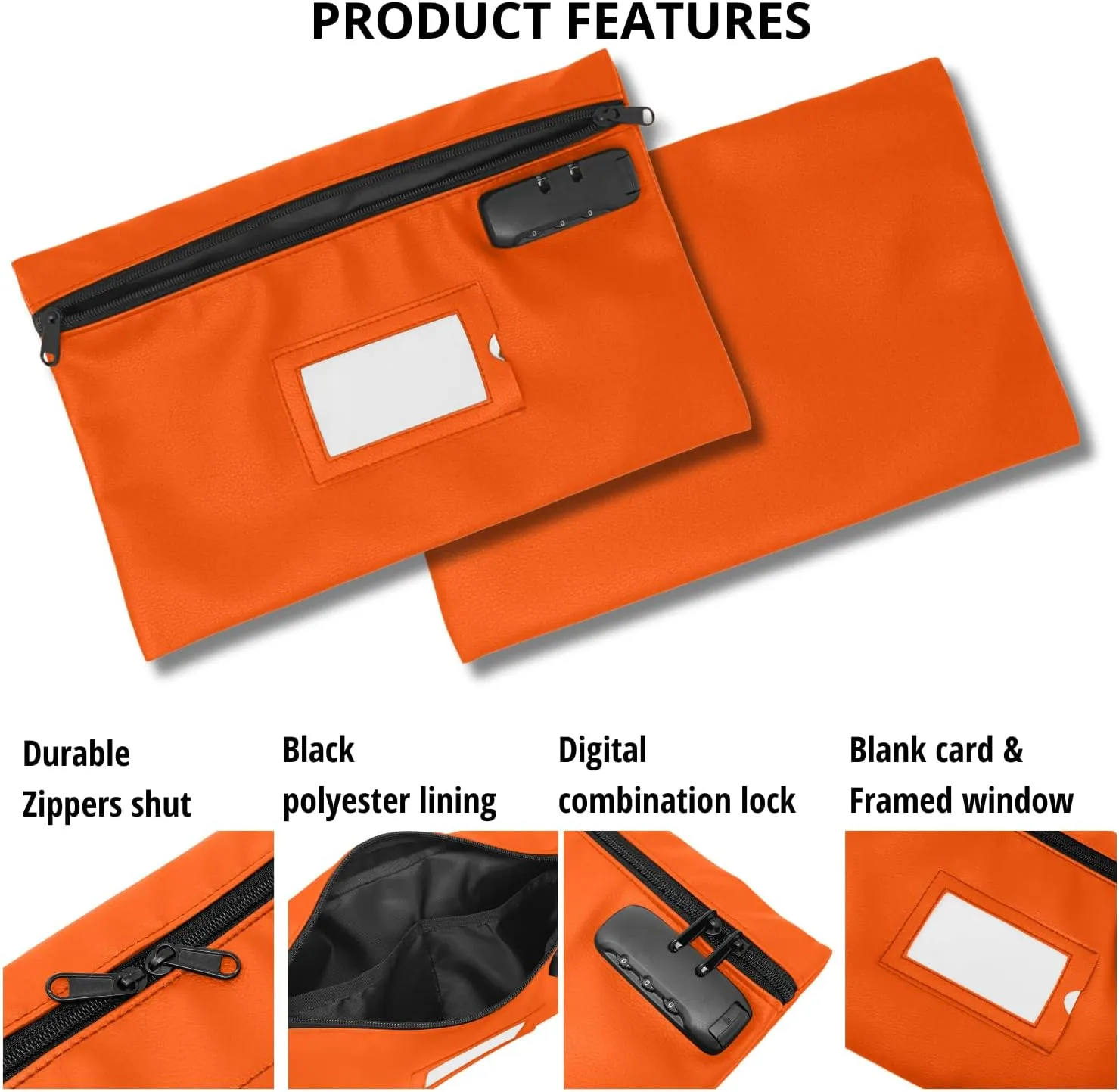 Money Bag for Cash with Lock | 12x8 inch | Durable Leatherette Money Cash Coin Check Bank Wallet Pouch with Zipper for Men & Women with Framed ID Window and Blank Card | by GIDABRAND (Orange)