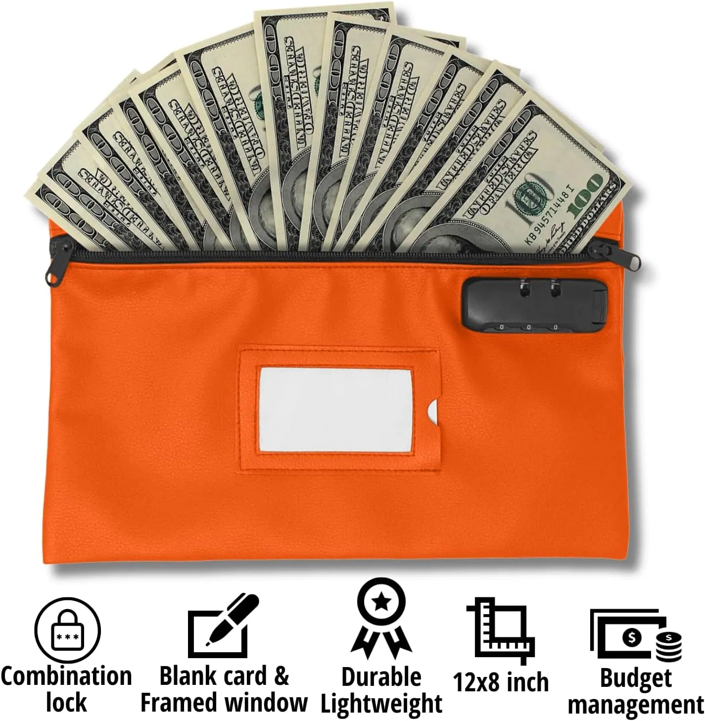 Money Bag for Cash with Lock | 12x8 inch | Durable Leatherette Money Cash Coin Check Bank Wallet Pouch with Zipper for Men & Women with Framed ID Window and Blank Card | by GIDABRAND (Orange)