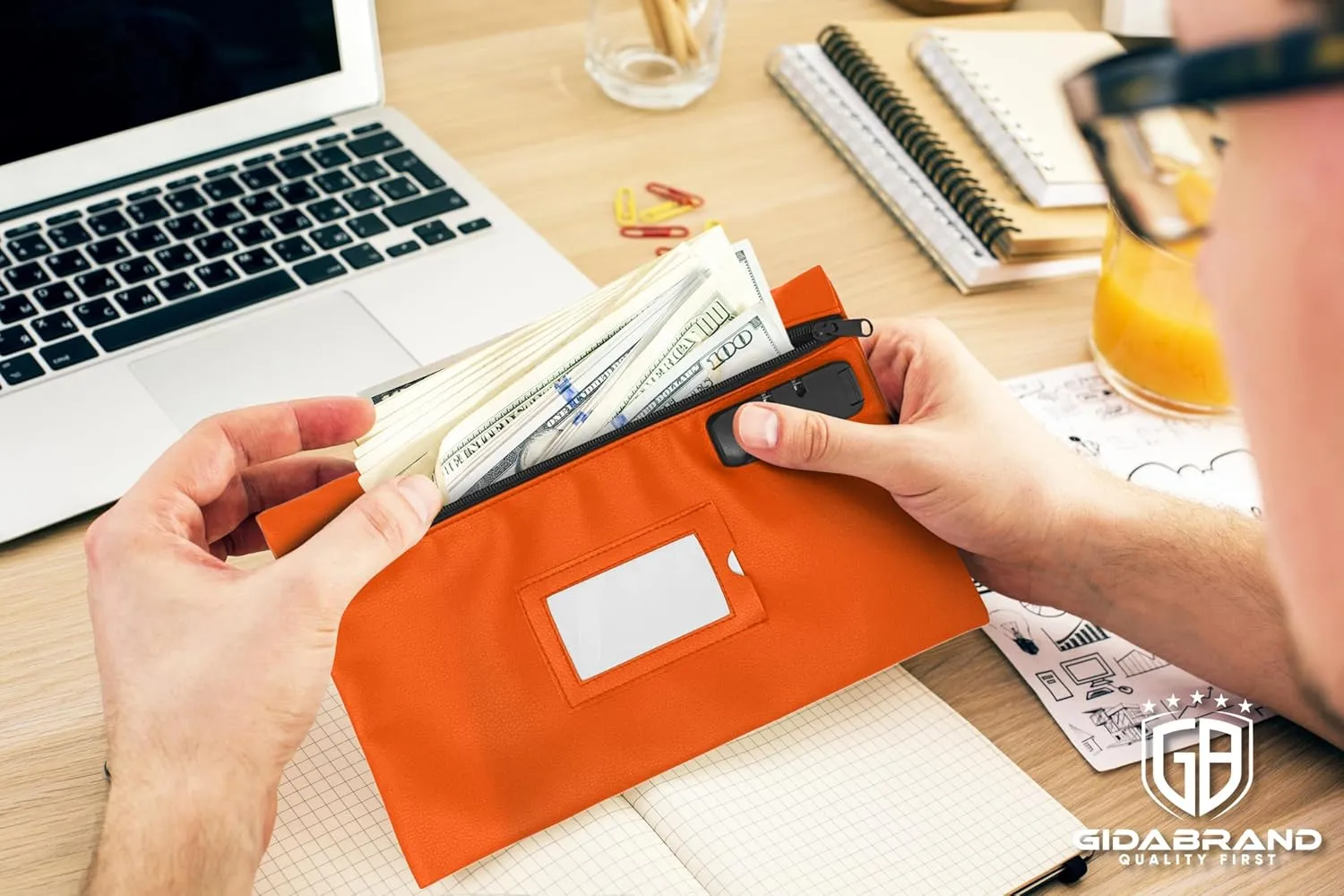 Money Bag for Cash with Lock | 12x8 inch | Durable Leatherette Money Cash Coin Check Bank Wallet Pouch with Zipper for Men & Women with Framed ID Window and Blank Card | by GIDABRAND (Orange)