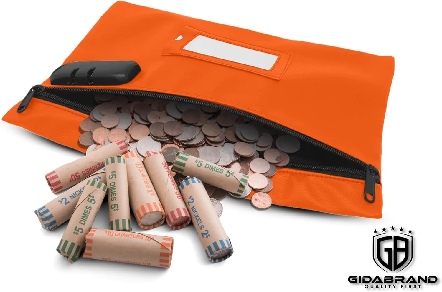 Money Bag for Cash with Lock | 12x8 inch | Durable Leatherette Money Cash Coin Check Bank Wallet Pouch with Zipper for Men & Women with Framed ID Window and Blank Card | by GIDABRAND (Orange)