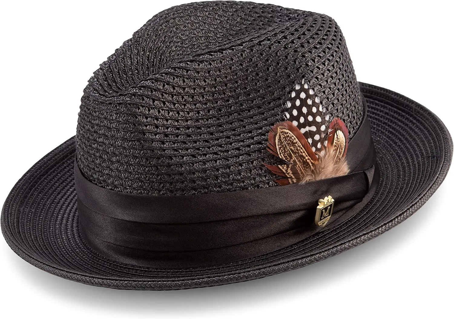 MONTIQUE Men's Braided Pinch Fedora Hat with Feathers – Lightweight & Breathable Polyester Summer Panama Hat – H24