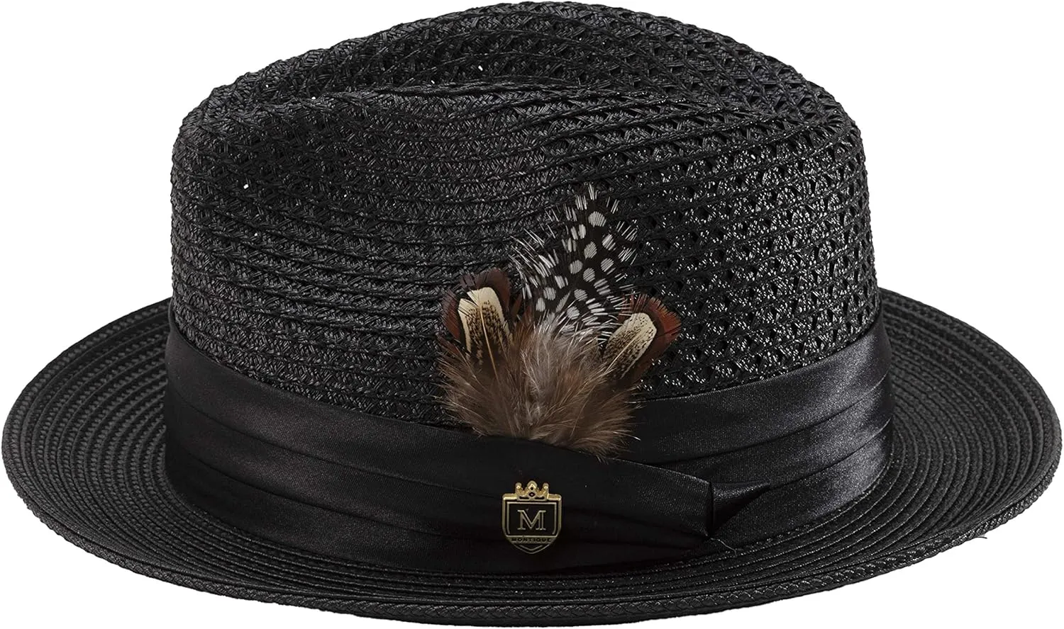 MONTIQUE Men's Braided Pinch Fedora Hat with Feathers – Lightweight & Breathable Polyester Summer Panama Hat – H24