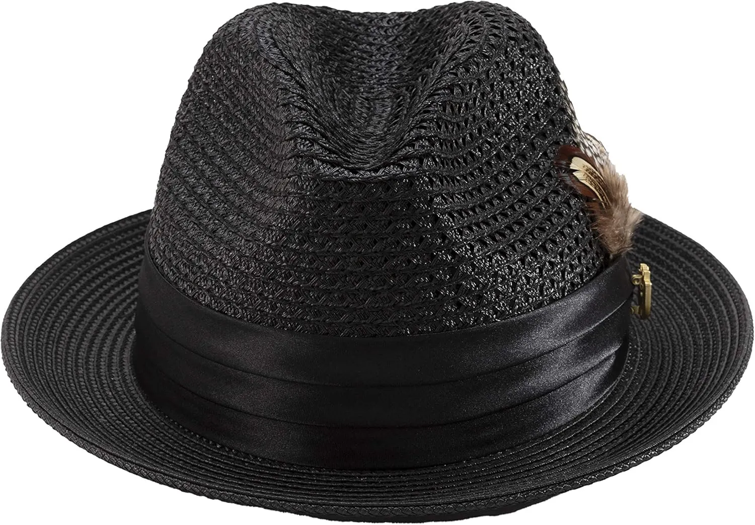 MONTIQUE Men's Braided Pinch Fedora Hat with Feathers – Lightweight & Breathable Polyester Summer Panama Hat – H24