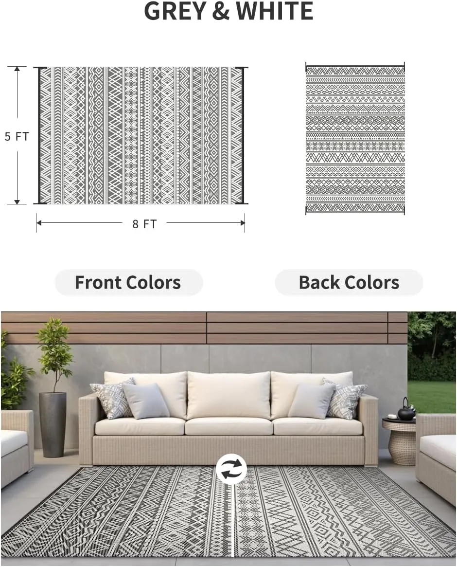 MontVoo Outdoor Rug Carpet Waterproof 5x8 Outdoor Patio Rug Mat Reverisble Plastic Straw Outdoor Rug for RV Camping Picnic Beach Balcony Boho Grey
