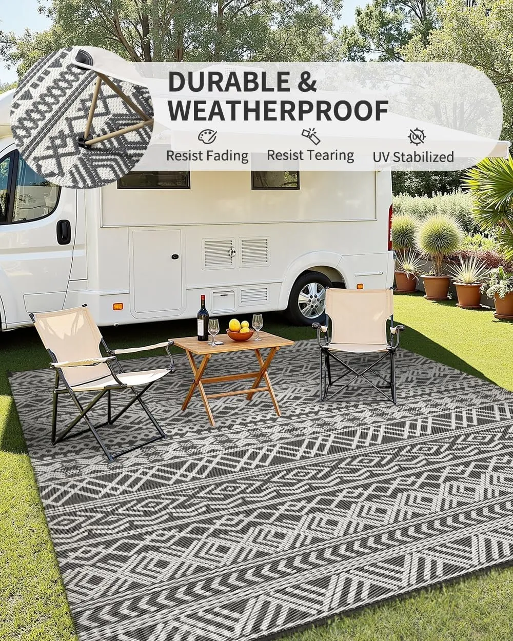 MontVoo Outdoor Rug Carpet Waterproof 5x8 Outdoor Patio Rug Mat Reverisble Plastic Straw Outdoor Rug for RV Camping Picnic Beach Balcony Boho Grey