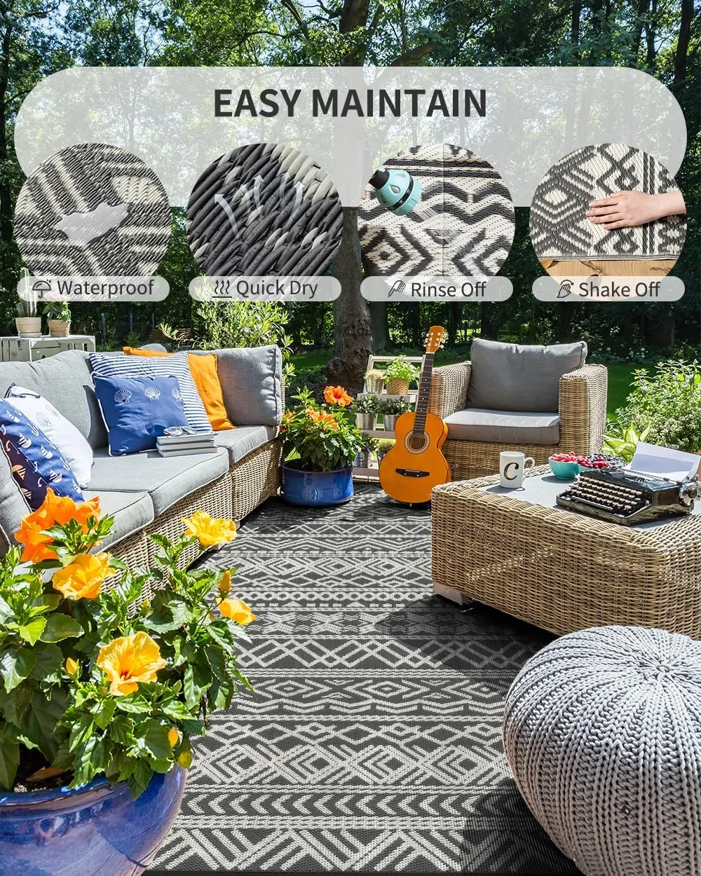MontVoo Outdoor Rug Carpet Waterproof 5x8 Outdoor Patio Rug Mat Reverisble Plastic Straw Outdoor Rug for RV Camping Picnic Beach Balcony Boho Grey