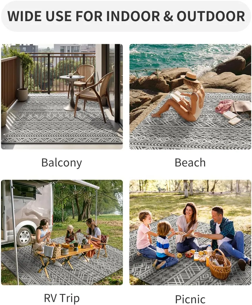 MontVoo Outdoor Rug Carpet Waterproof 5x8 Outdoor Patio Rug Mat Reverisble Plastic Straw Outdoor Rug for RV Camping Picnic Beach Balcony Boho Grey