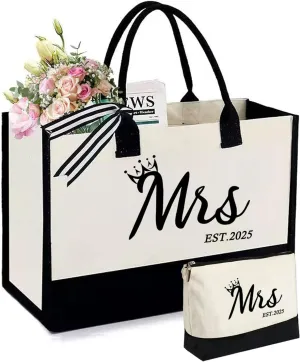 Mrs 2025 Bride Canvas Tote Bag with Makeup Bag,Gifts for Wedding BridalShower,Bachelorette Party,Bride to be Gifts,Miss to Mrs Bag,Christmas Personalized Bridesmaid Gift