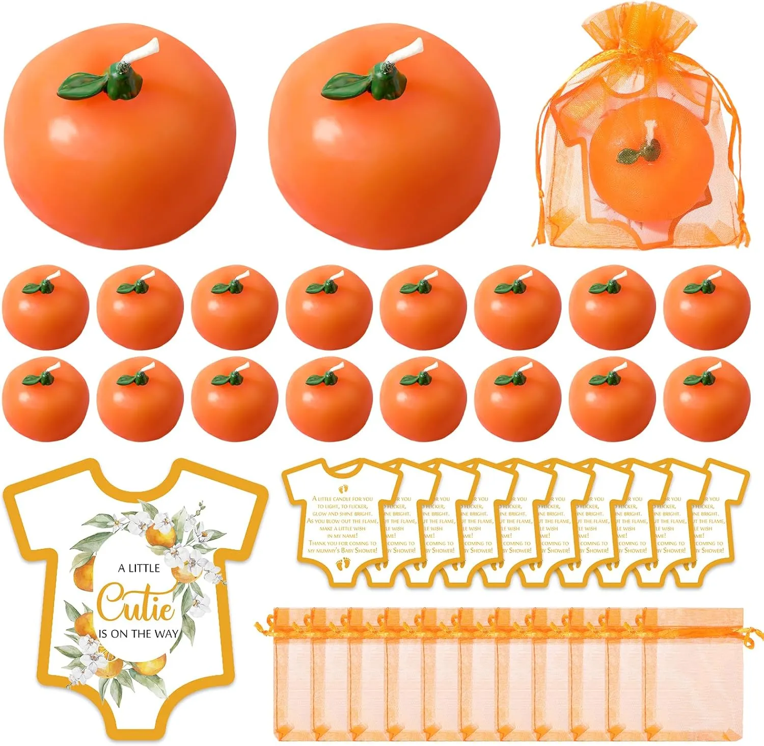 Mtlee 50 Sets Little Cute Baby Shower Candles Favors for Guests 50 Cutie Baby Candles a Little Cutie is on The Way Shower Card and Bags for Gender Reveal Gifts(Orange)