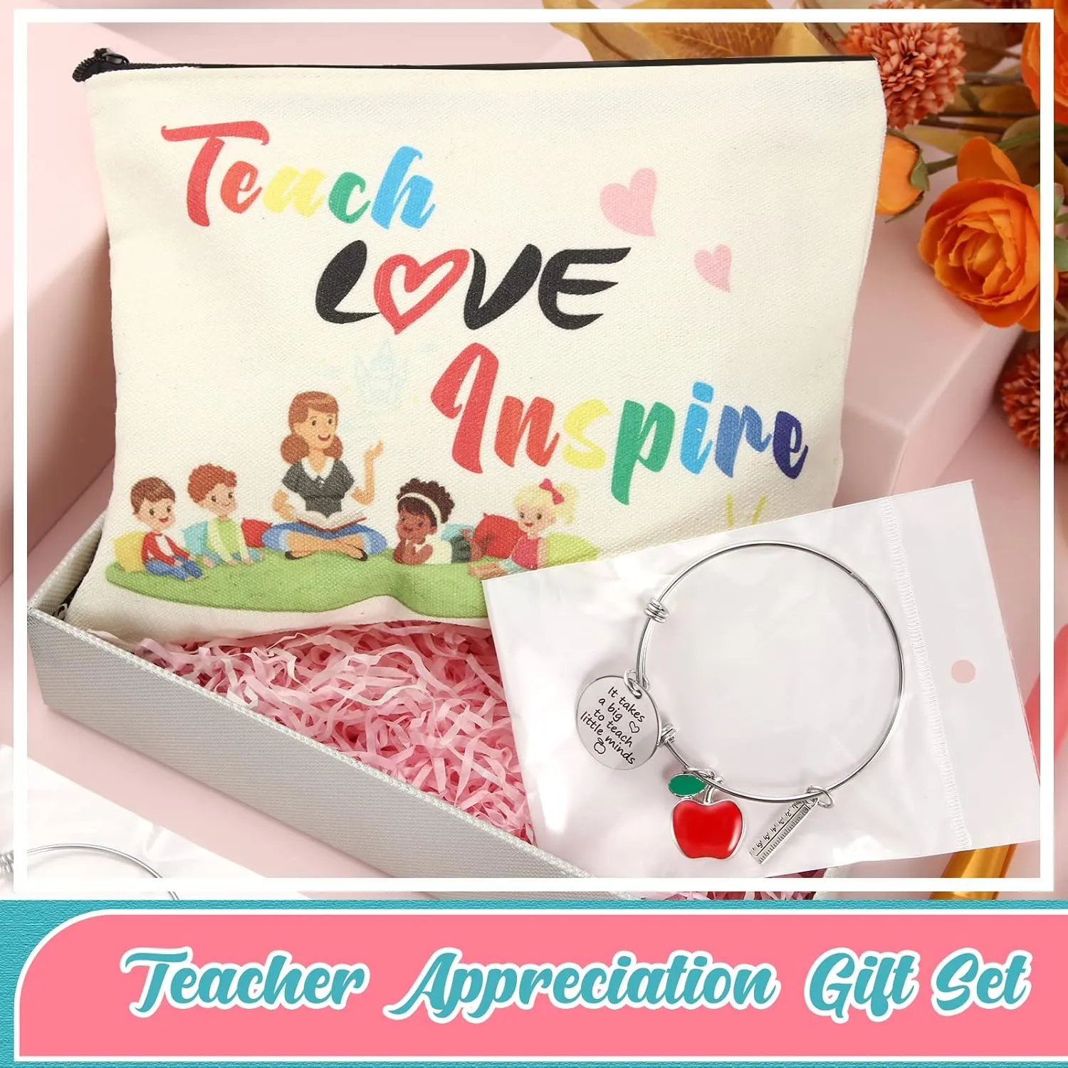 MTLEE 8 Pcs Teacher Appreciation Gift Set for Women, 4 Makeup Pouch Cosmetic Bags and 4 Bangle Bracelets, Christmas Valentines Thank You Gifts for Teacher(Teach Love Inspire)
