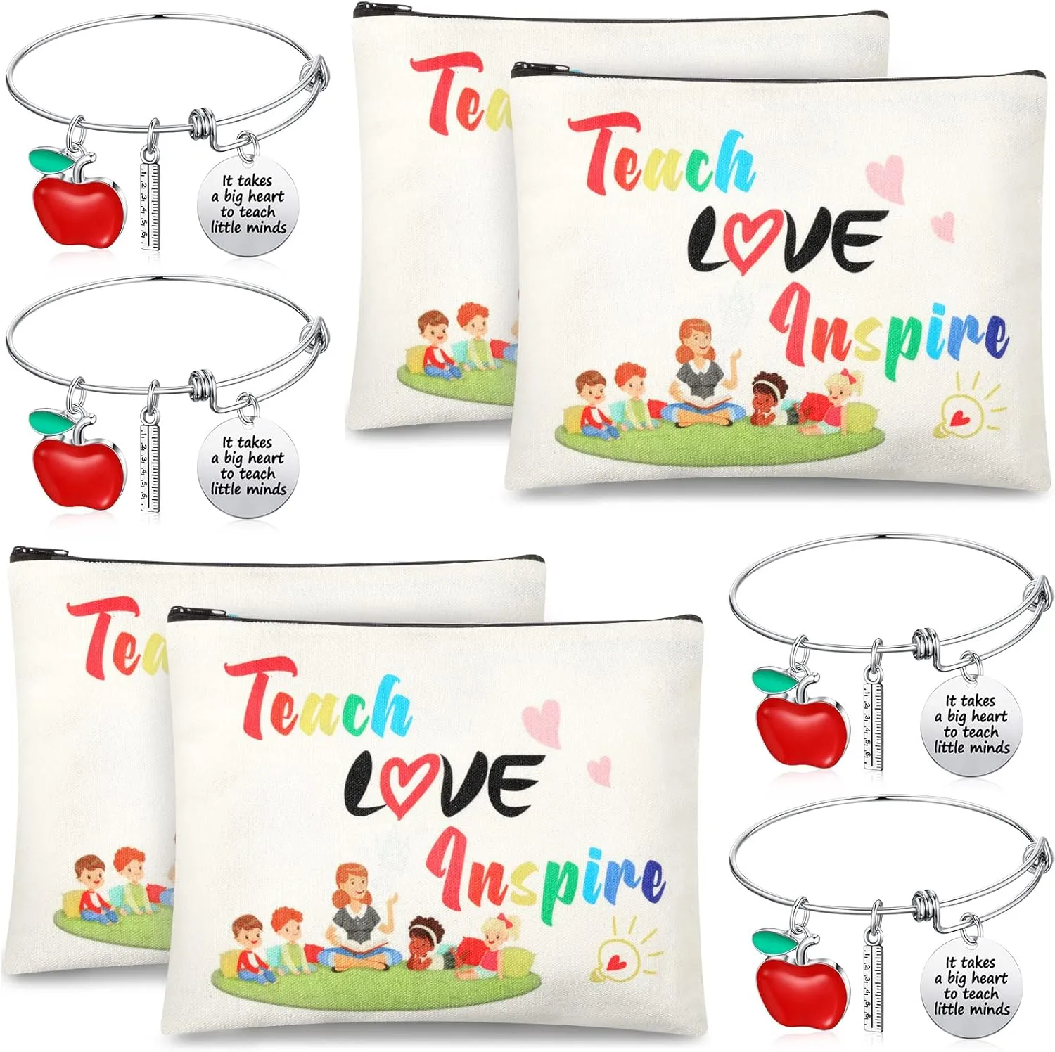 MTLEE 8 Pcs Teacher Appreciation Gift Set for Women, 4 Makeup Pouch Cosmetic Bags and 4 Bangle Bracelets, Christmas Valentines Thank You Gifts for Teacher(Teach Love Inspire)