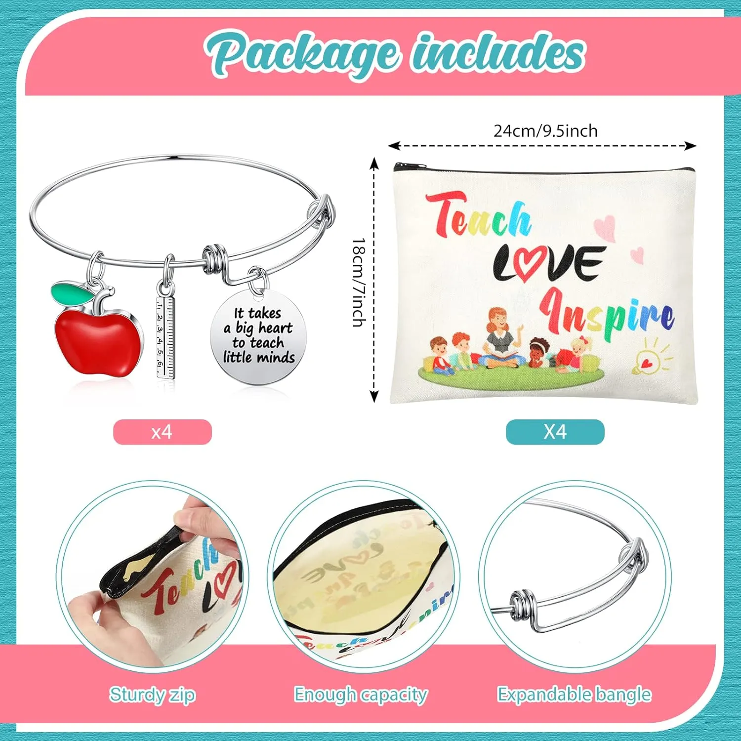 MTLEE 8 Pcs Teacher Appreciation Gift Set for Women, 4 Makeup Pouch Cosmetic Bags and 4 Bangle Bracelets, Christmas Valentines Thank You Gifts for Teacher(Teach Love Inspire)