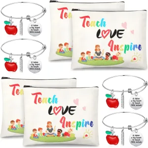 MTLEE 8 Pcs Teacher Appreciation Gift Set for Women, 4 Makeup Pouch Cosmetic Bags and 4 Bangle Bracelets, Christmas Valentines Thank You Gifts for Teacher(Teach Love Inspire)