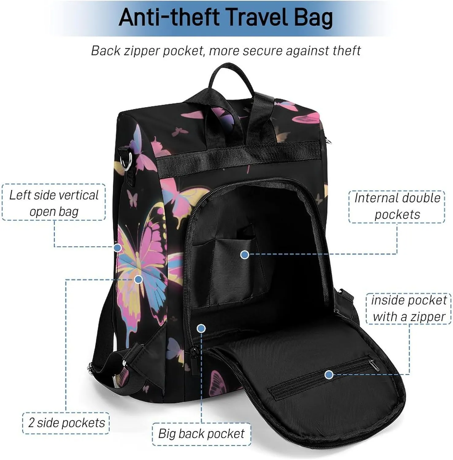 Multipurpose Daypacks Black Pink Butterfly Backpack Purse for Women Anti Theft Fashion Back Pack Bag Gift