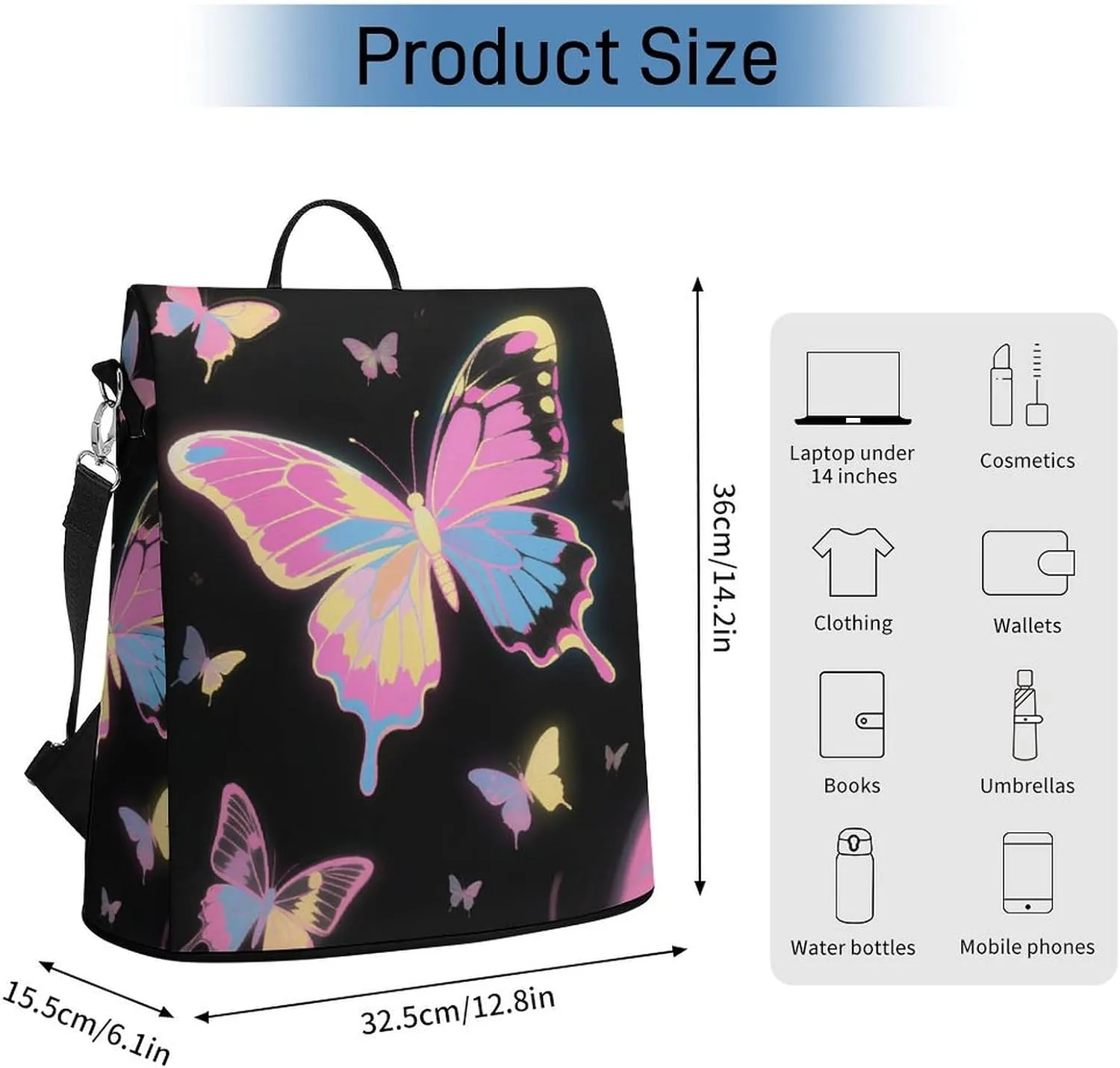 Multipurpose Daypacks Black Pink Butterfly Backpack Purse for Women Anti Theft Fashion Back Pack Bag Gift