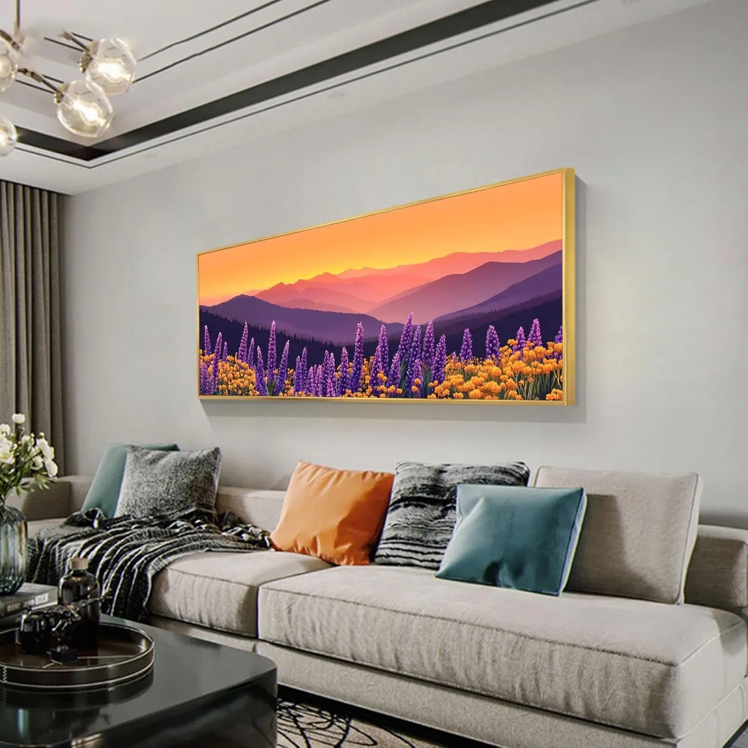 Natural Scenery Large Size Canvas Print Wall Art Warm Sunset and Plateau Flower Sea Landscape Poster Painting Picture Stretched Framed Artwork for Conference Room Decor 20X50inch With-Gold-Frame