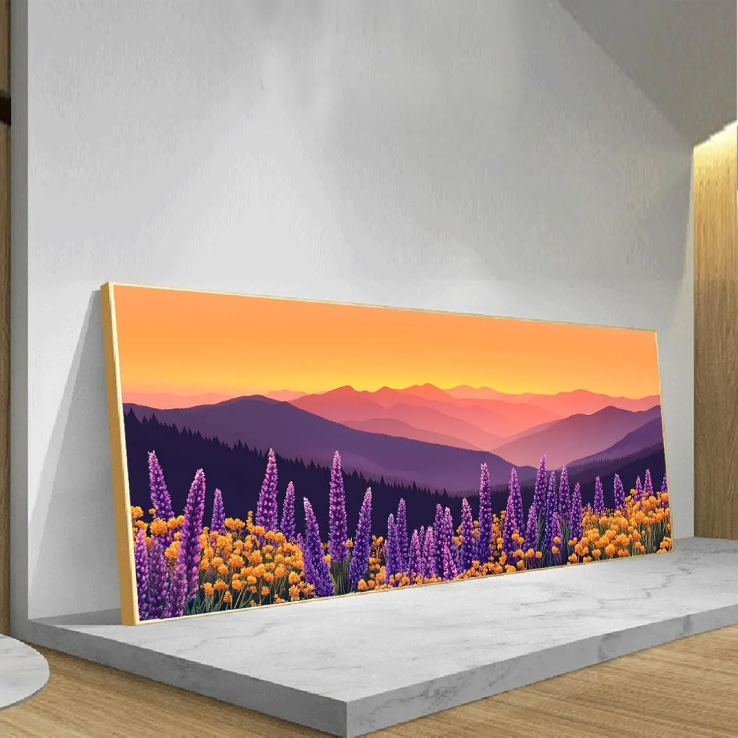Natural Scenery Large Size Canvas Print Wall Art Warm Sunset and Plateau Flower Sea Landscape Poster Painting Picture Stretched Framed Artwork for Conference Room Decor 20X50inch With-Gold-Frame