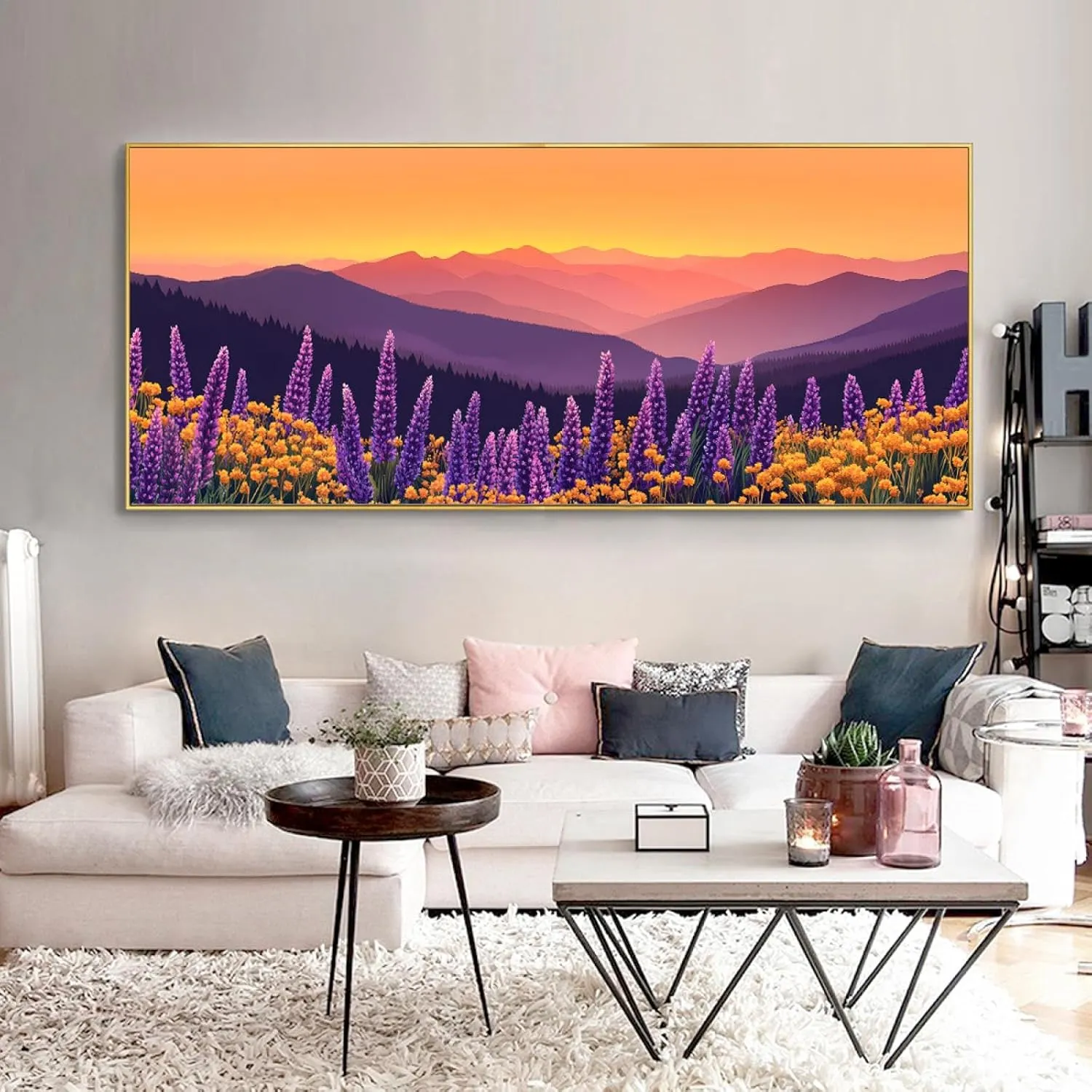 Natural Scenery Large Size Canvas Print Wall Art Warm Sunset and Plateau Flower Sea Landscape Poster Painting Picture Stretched Framed Artwork for Conference Room Decor 20X50inch With-Gold-Frame