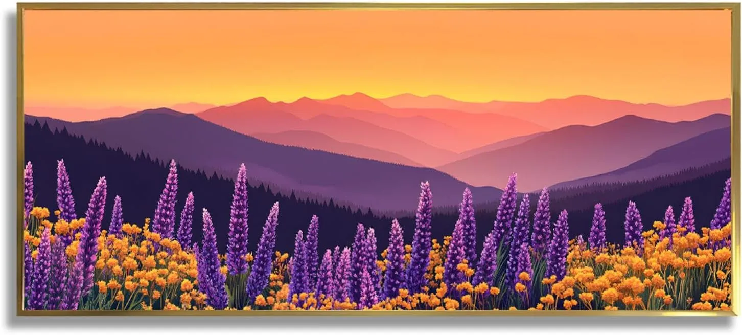 Natural Scenery Large Size Canvas Print Wall Art Warm Sunset and Plateau Flower Sea Landscape Poster Painting Picture Stretched Framed Artwork for Conference Room Decor 20X50inch With-Gold-Frame