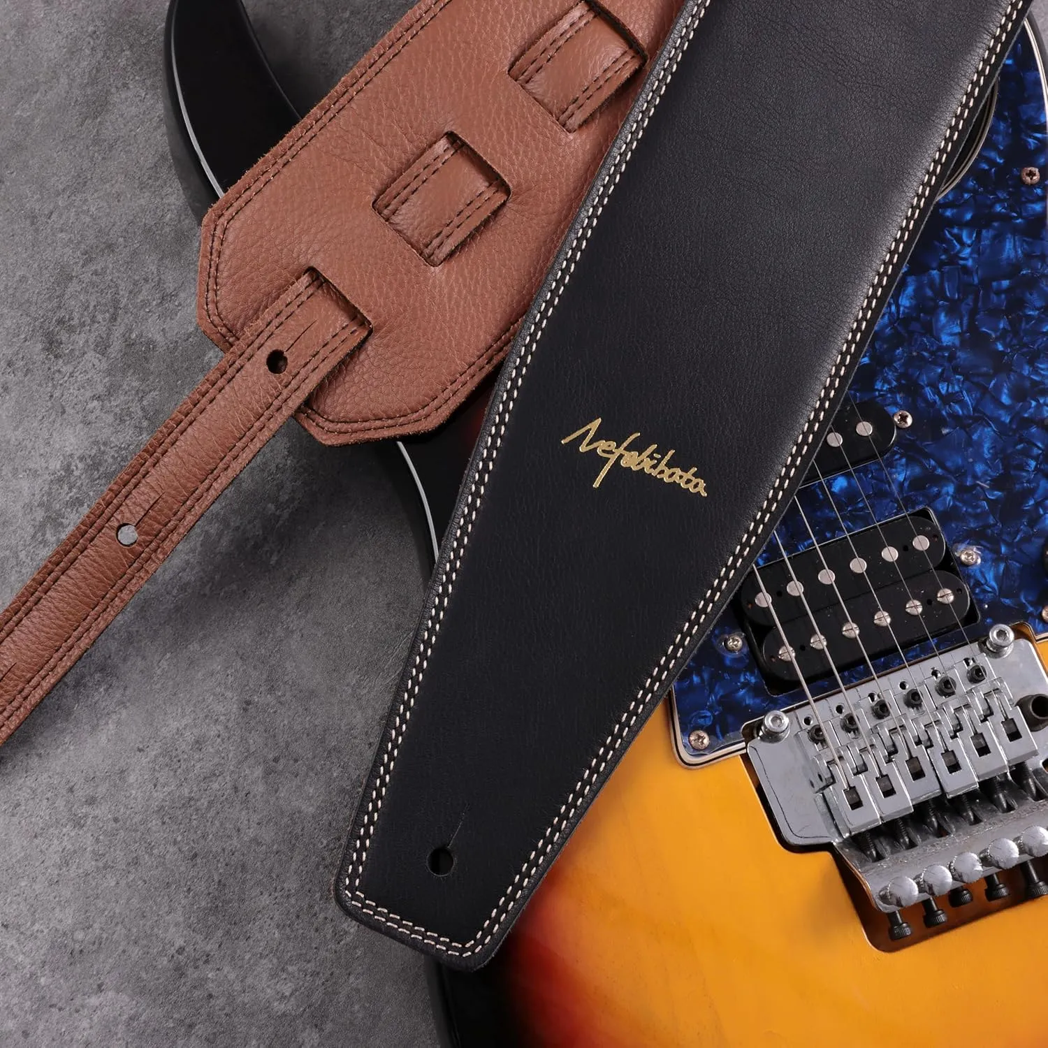Nefelibata 3.8" Wide Guitar Strap, Full Grain Leather, Adjustable Length 49" to 57" with Foam Padding for Bass, Electric, and Acoustic Guitars (Black)