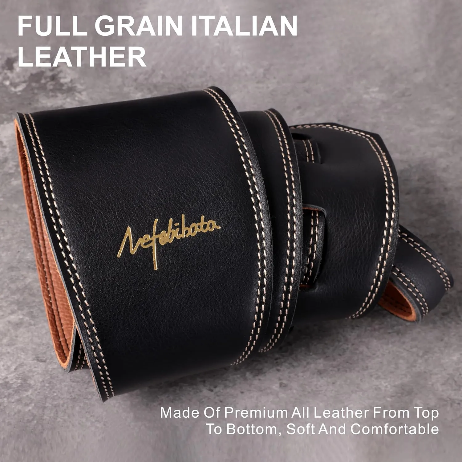 Nefelibata 3.8" Wide Guitar Strap, Full Grain Leather, Adjustable Length 49" to 57" with Foam Padding for Bass, Electric, and Acoustic Guitars (Black)
