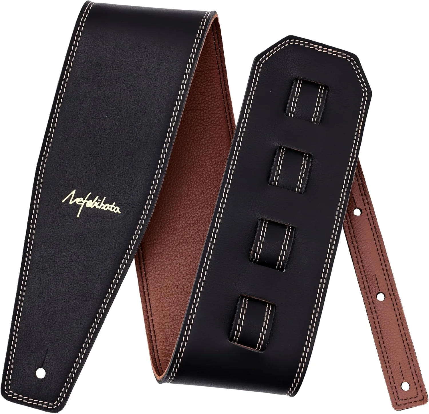 Nefelibata 3.8" Wide Guitar Strap, Full Grain Leather, Adjustable Length 49" to 57" with Foam Padding for Bass, Electric, and Acoustic Guitars (Black)