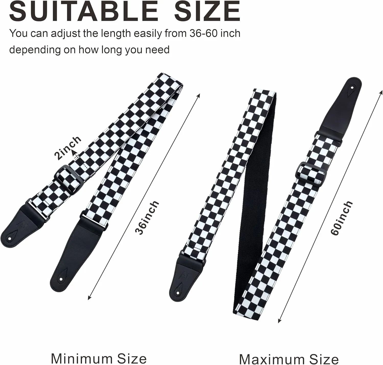 Nefelibata Guitar Strap-2" Wide Double Layer Cotton Original Design Adjustable Guitar Straps with Long Leather Ends for Bass, Electric & Acoustic, Best Gifts for Kids,Guitarists (White Grid)