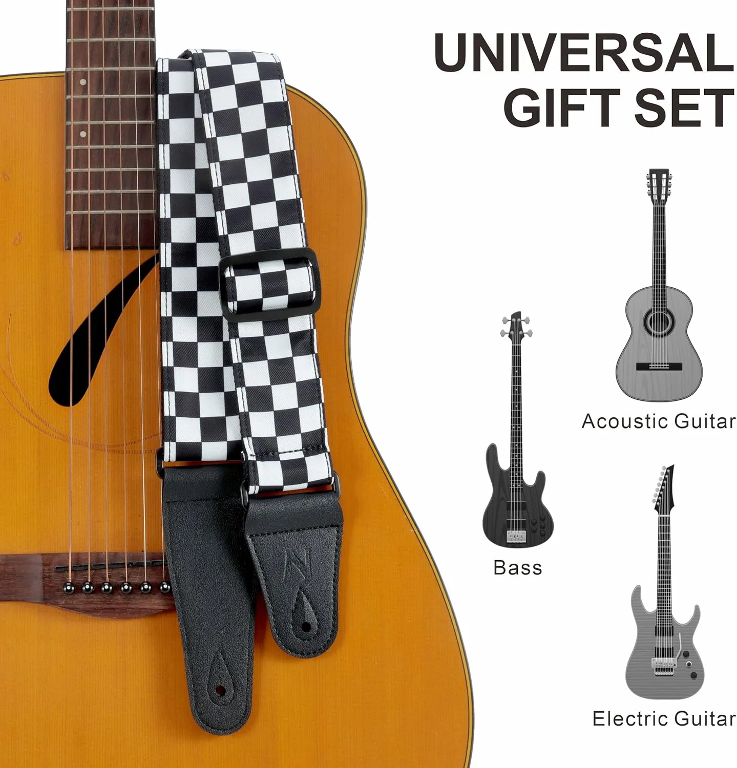 Nefelibata Guitar Strap-2" Wide Double Layer Cotton Original Design Adjustable Guitar Straps with Long Leather Ends for Bass, Electric & Acoustic, Best Gifts for Kids,Guitarists (White Grid)