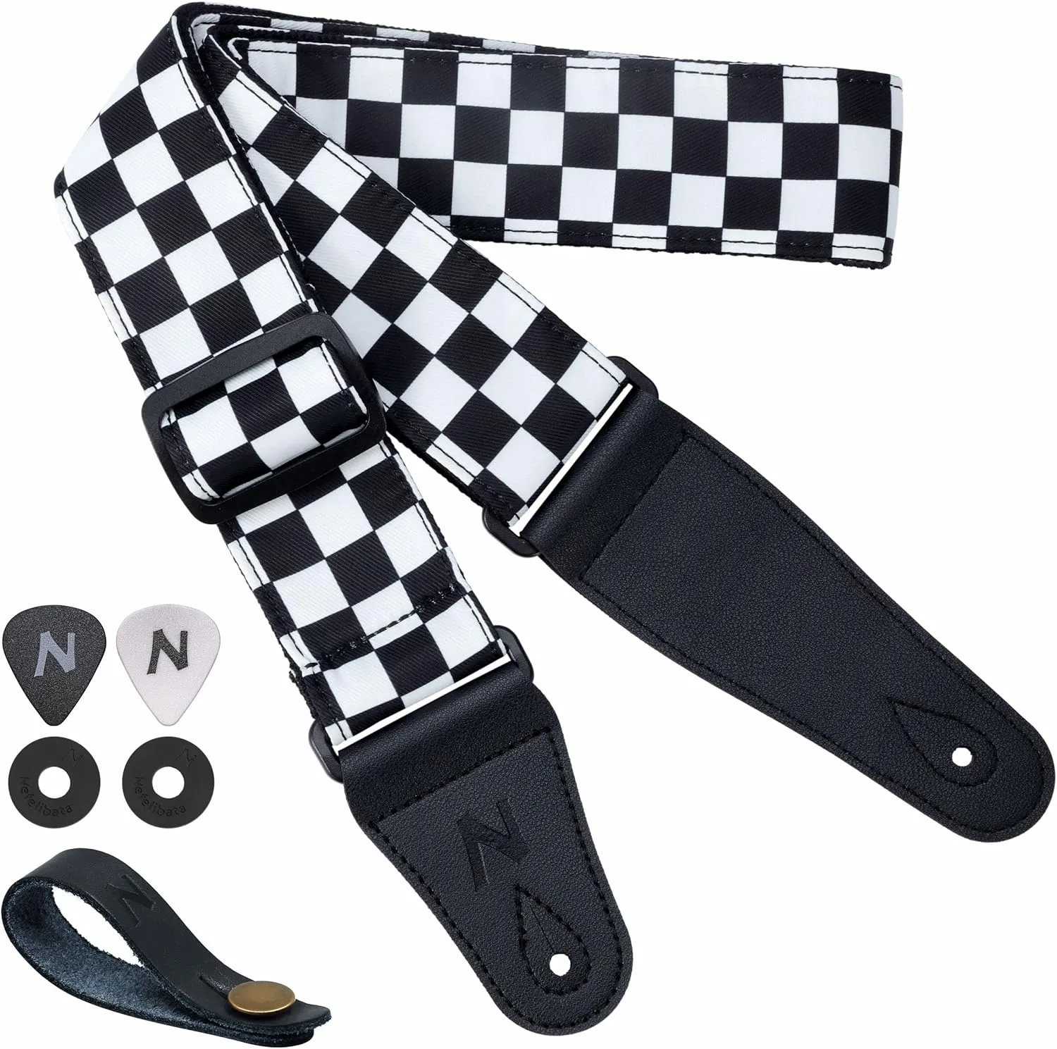 Nefelibata Guitar Strap-2" Wide Double Layer Cotton Original Design Adjustable Guitar Straps with Long Leather Ends for Bass, Electric & Acoustic, Best Gifts for Kids,Guitarists (White Grid)
