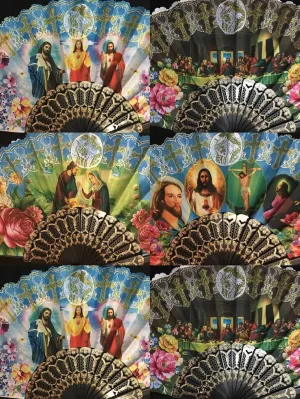 New Set of 12 Religious Summer Black Hand Fans with Folding Design for Church Gift/Baptism Favor
