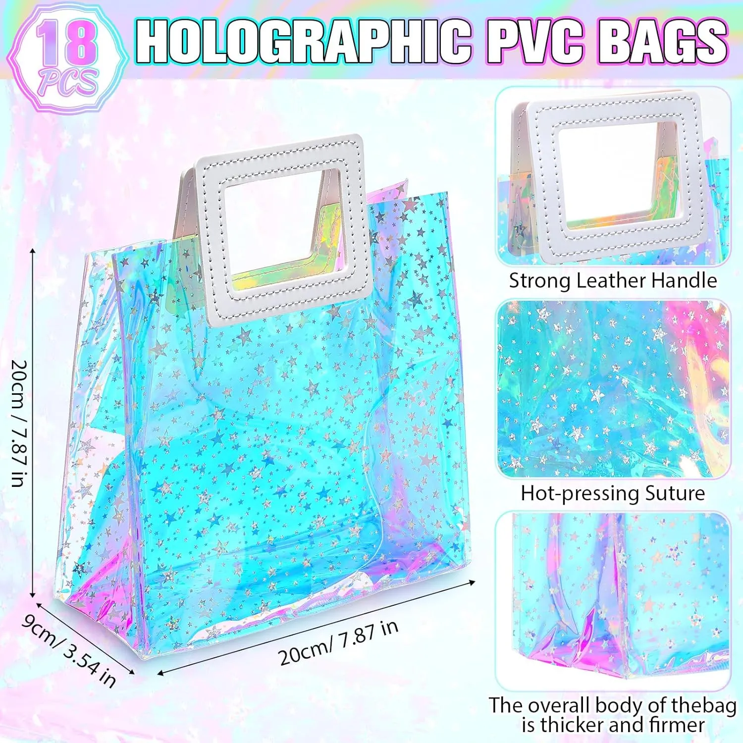 Newwiee 18 Pcs Clear Holographic Tote Bags Iridescent Reusable Gift Bag with Handles PVC Gift Wrap Bags for Party Birthday Wedding Baby Shower Bridal Holiday Graduation Shopping Travel (Fashion Style)