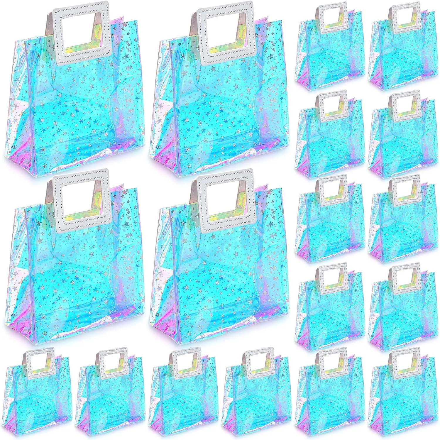 Newwiee 18 Pcs Clear Holographic Tote Bags Iridescent Reusable Gift Bag with Handles PVC Gift Wrap Bags for Party Birthday Wedding Baby Shower Bridal Holiday Graduation Shopping Travel (Fashion Style)