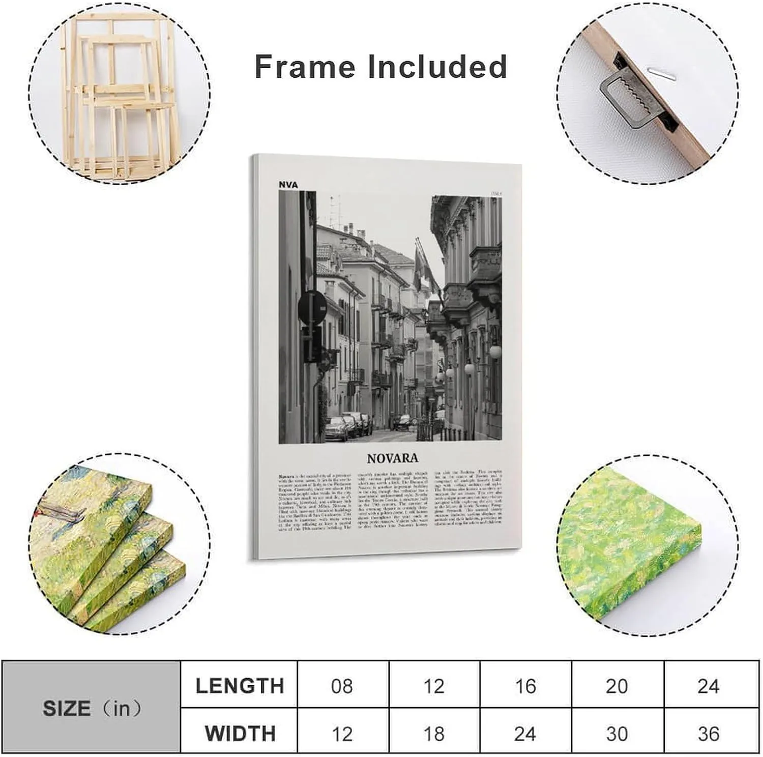 Novara Print Black And White, Novara Wall Art, Novara Poster, Novara Photo, Novara Wall Décor, Novara Map, Italy Canvas Wall Art Poster Ready to Hang Framed 16x24inch
