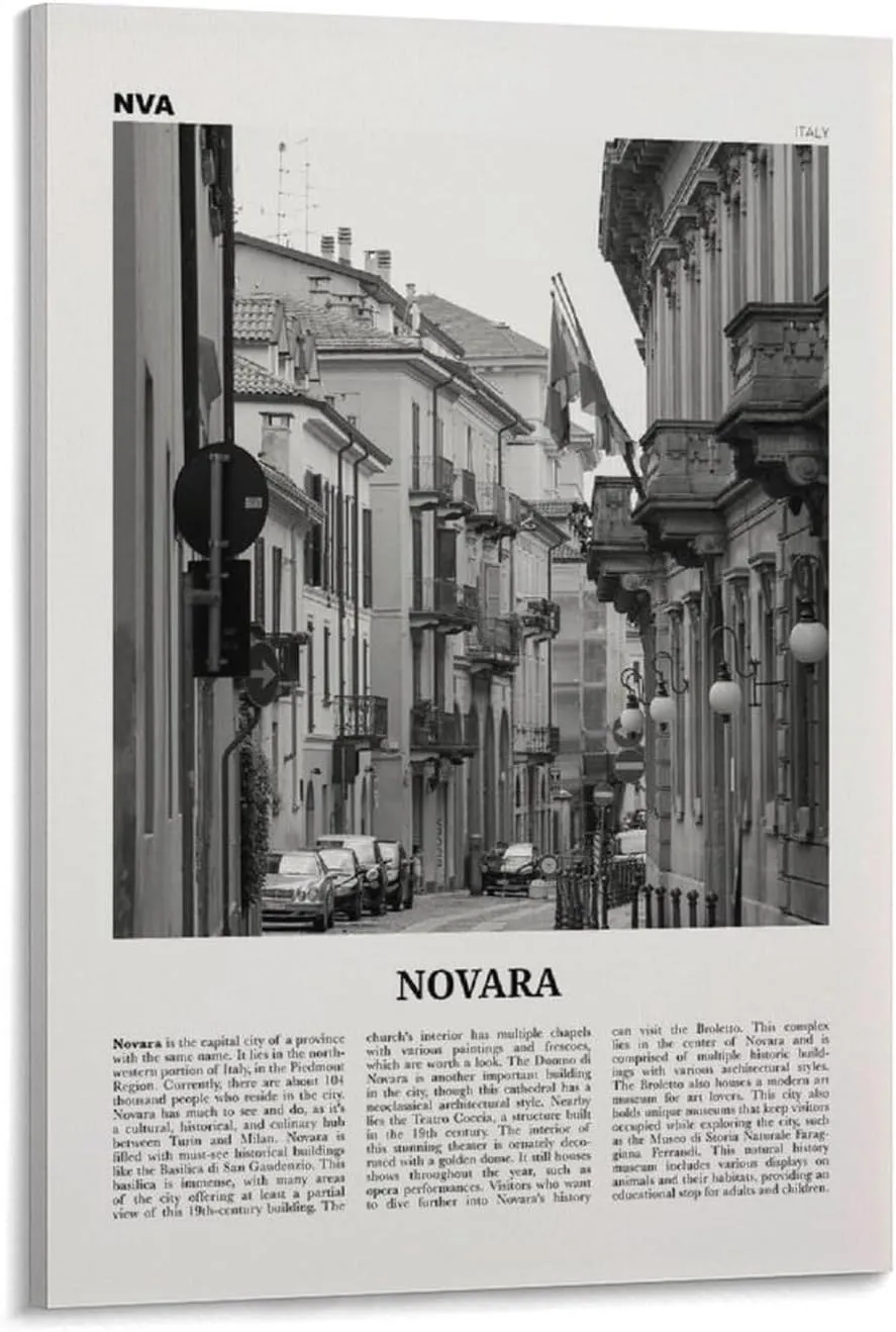 Novara Print Black And White, Novara Wall Art, Novara Poster, Novara Photo, Novara Wall Décor, Novara Map, Italy Canvas Wall Art Poster Ready to Hang Framed 16x24inch