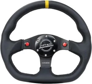 NRG Innovations NRG-RST-024D-MB-R-Y Reinforced Steering Wheel 320mm Sport Leather Dual Push Buttons Flat Bottom with Yellow Center Mark