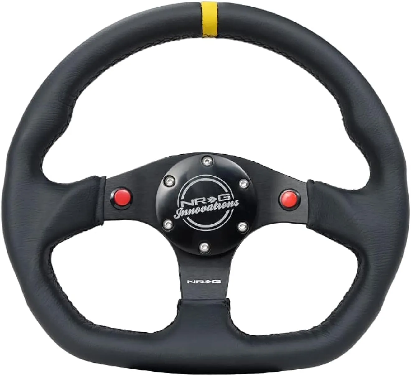 NRG Innovations NRG-RST-024D-MB-R-Y Reinforced Steering Wheel 320mm Sport Leather Dual Push Buttons Flat Bottom with Yellow Center Mark