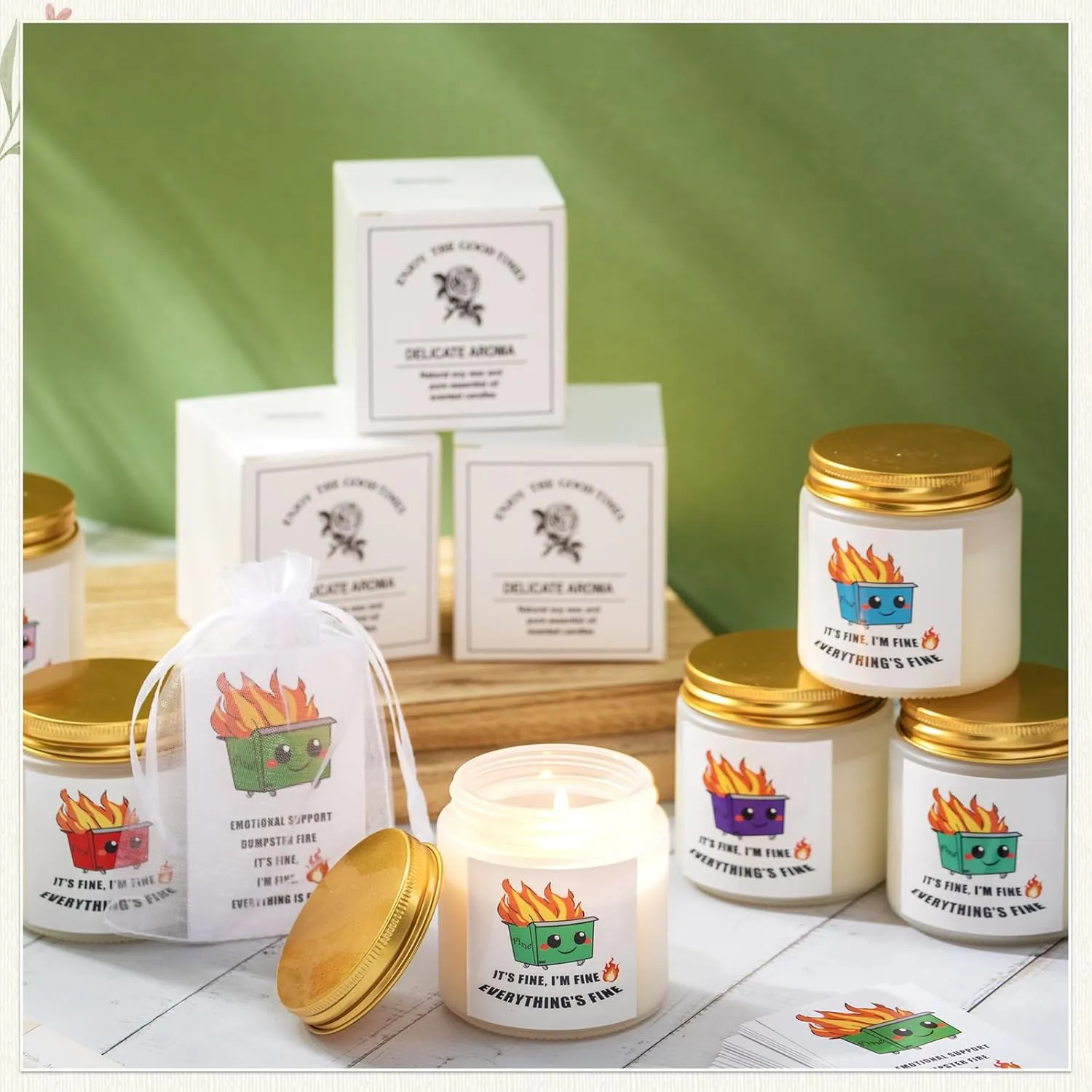 Nuanchu 72 Pcs Dumpster Fire Appreciation Gifts for Coworker Employee Anxiety Relief Gift Bulk 24 Scented Aromatherapy Candles 24 Dumpster Fire Cards and 24 Organza Bag for Team