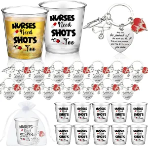 Nuogo 24 Pack Nurses Week Gifts Bulk 2025 Include 2. 87oz Disposable Shot Glasses, Keychain and Organza Bag Appreciation Gifts for CNA Graduation Practitioner Student Assistant(Nurses Need Shots Too)
