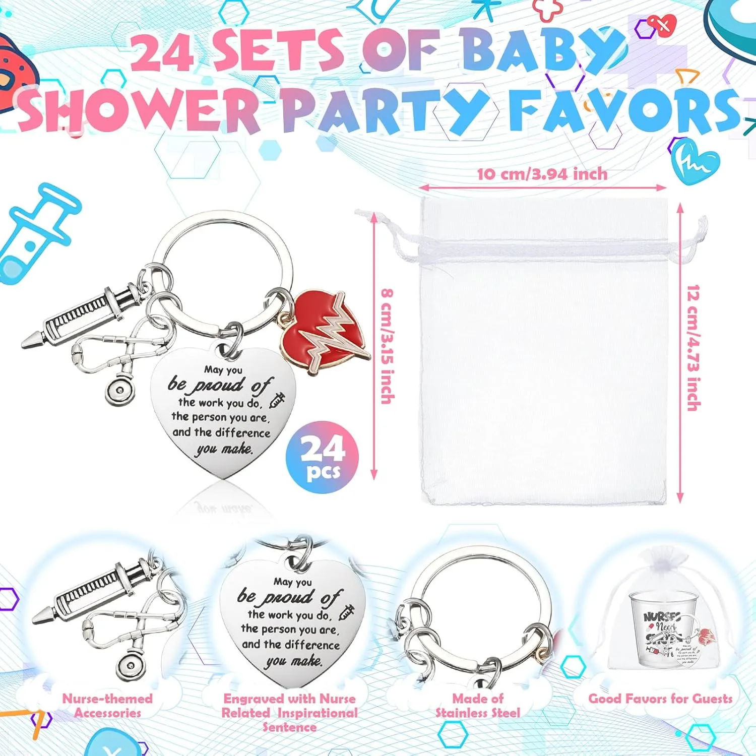 Nuogo 24 Pack Nurses Week Gifts Bulk 2025 Include 2. 87oz Disposable Shot Glasses, Keychain and Organza Bag Appreciation Gifts for CNA Graduation Practitioner Student Assistant(Nurses Need Shots Too)