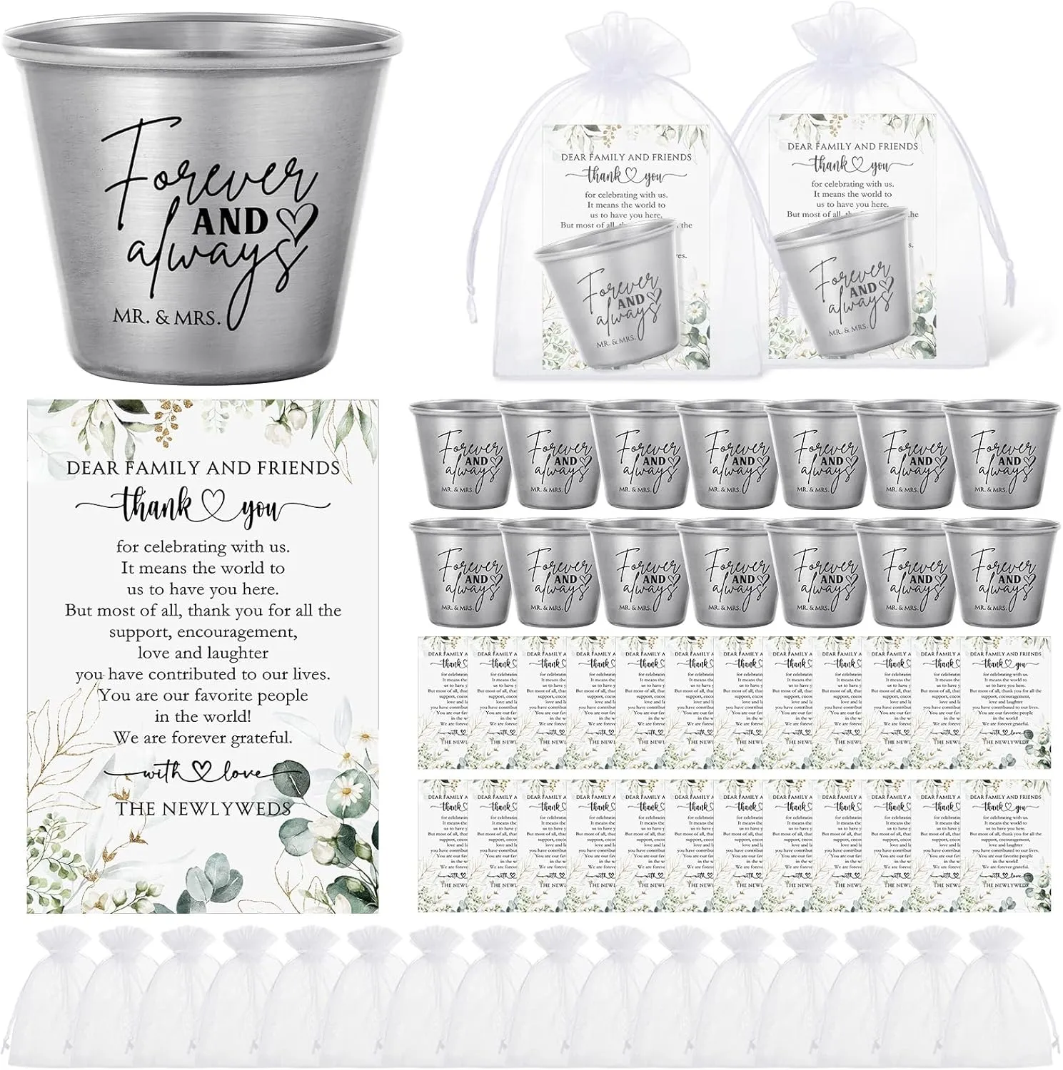 Nuogo 25 Sets Wedding Favors for Guests Bulk 25 Stainless Steel Shot Glasses Forever and Always Shot Glasses 25 Thank You Cards with Organza Bags for Guest Wedding Newlywed Bridal Shower Gifts