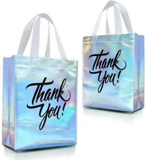 Nush Nush Iridescent Thank You Gift Bags Bulk Medium – Set of 12 Holographic Thank You Bags With Black Print - Perfect As Goodie Bags, Birthday Bags, Party Favor Bags – 8W x 4D x 10H Size