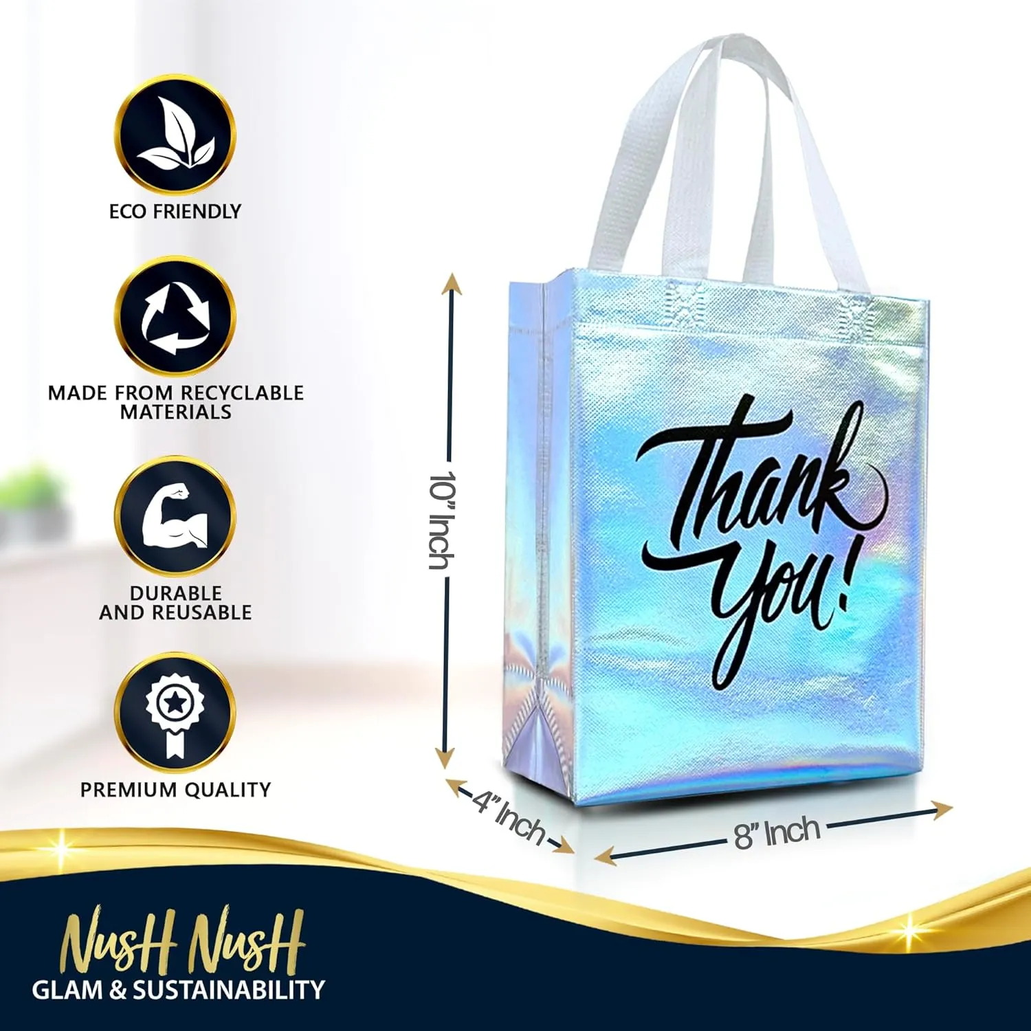 Nush Nush Iridescent Thank You Gift Bags Bulk Medium – Set of 12 Holographic Thank You Bags With Black Print - Perfect As Goodie Bags, Birthday Bags, Party Favor Bags – 8W x 4D x 10H Size