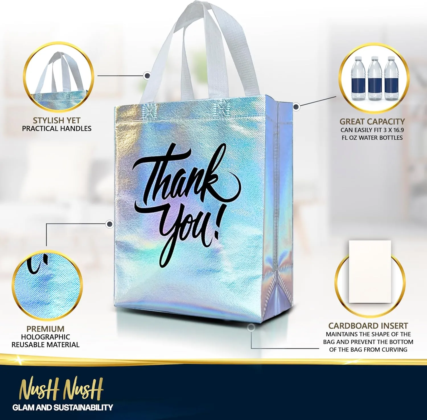 Nush Nush Iridescent Thank You Gift Bags Bulk Medium – Set of 12 Holographic Thank You Bags With Black Print - Perfect As Goodie Bags, Birthday Bags, Party Favor Bags – 8W x 4D x 10H Size