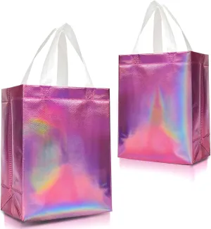 Nush Nush Reusable Pink Iridescent Gift Bags Medium Size – Set of 12 Holographic Pink Gift Bags With Handles - Birthday Gift Bags Bulk, Christmas Bags, Goodie Bags, Party Favor Bags – 8x4x10 Size
