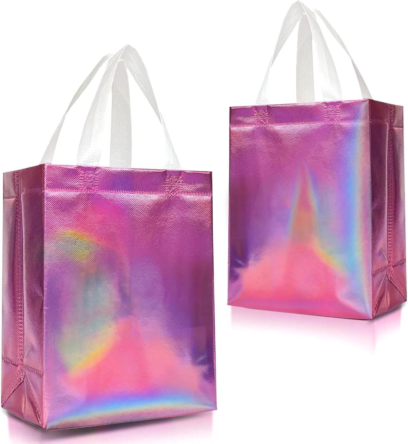 Nush Nush Reusable Pink Iridescent Gift Bags Medium Size – Set of 12 Holographic Pink Gift Bags With Handles - Birthday Gift Bags Bulk, Christmas Bags, Goodie Bags, Party Favor Bags – 8x4x10 Size