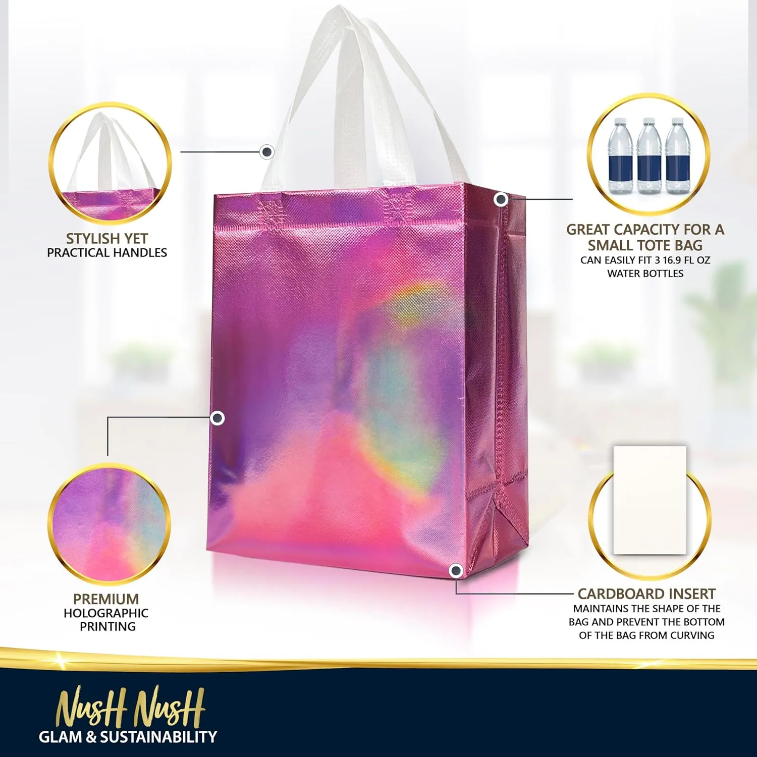 Nush Nush Reusable Pink Iridescent Gift Bags Medium Size – Set of 12 Holographic Pink Gift Bags With Handles - Birthday Gift Bags Bulk, Christmas Bags, Goodie Bags, Party Favor Bags – 8x4x10 Size