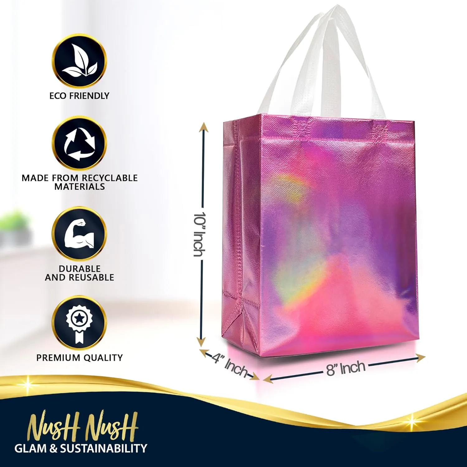 Nush Nush Reusable Pink Iridescent Gift Bags Medium Size – Set of 12 Holographic Pink Gift Bags With Handles - Birthday Gift Bags Bulk, Christmas Bags, Goodie Bags, Party Favor Bags – 8x4x10 Size